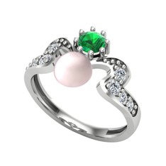Ner İnci Yüzük - Pembe inci, yeşil kuvars ve swarovski 18 ayar beyaz altın yüzük #6o4ics