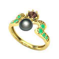 Ner İnci Yüzük - Siyah inci, dumanlı kuvars ve kök zümrüt 14 ayar altın yüzük #6r292