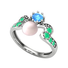 Ner İnci Yüzük - Pembe inci, akuamarin ve kök zümrüt 18 ayar beyaz altın yüzük #6v5rkv