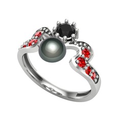 Siyah inci, siyah zirkon ve garnet 14 ayar beyaz altın yüzük