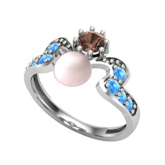 Ner İnci Yüzük - Pembe inci, dumanlı kuvars ve akuamarin 8 ayar beyaz altın yüzük #77p21c