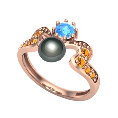 Ner İnci Yüzük - Siyah inci, akuamarin ve sitrin 18 ayar rose altın yüzük #7aa582