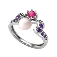 Pembe inci, rodolit garnet ve ametist 8 ayar beyaz altın yüzük