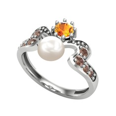 Ner İnci Yüzük - Inci, sitrin ve dumanlı kuvars 18 ayar beyaz altın yüzük #7tgm8t