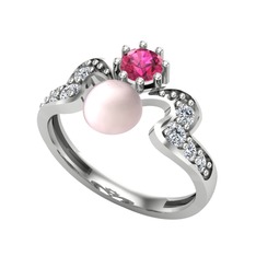Ner İnci Yüzük - Pembe inci, rodolit garnet ve beyaz zirkon 8 ayar beyaz altın yüzük #7vbm4f