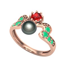 Ner İnci Yüzük - Siyah inci, garnet ve kök zümrüt 14 ayar rose altın yüzük #7zdw3b