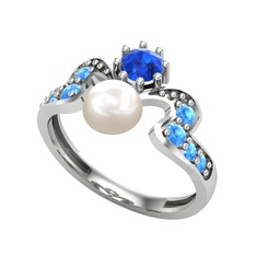 Ner İnci Yüzük - Inci, lab safir ve akuamarin 14 ayar beyaz altın yüzük #83lkrb