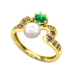 Ner İnci Yüzük - Inci, yeşil kuvars ve dumanlı kuvars 8 ayar altın yüzük #8442c2