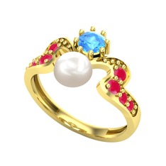 Ner İnci Yüzük - Inci, akuamarin ve kök yakut 8 ayar altın yüzük #873a3l