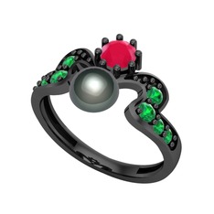 Ner İnci Yüzük - Siyah inci, kök yakut ve yeşil kuvars 925 ayar siyah rodyum kaplama gümüş yüzük #89cfx