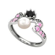Ner İnci Yüzük - Inci, siyah zirkon ve pembe kuvars 18 ayar beyaz altın yüzük #8cv5ay