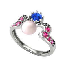 Ner İnci Yüzük - Pembe inci, lab safir ve rodolit garnet 14 ayar beyaz altın yüzük #8hy9hr