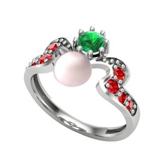 Pembe inci, yeşil kuvars ve garnet 18 ayar beyaz altın yüzük