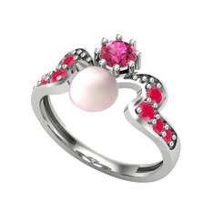 Ner İnci Yüzük - Pembe inci, rodolit garnet ve kök yakut 14 ayar beyaz altın yüzük #8rxnn5