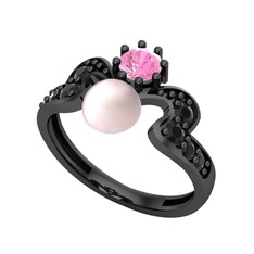 Ner İnci Yüzük - Pembe inci, pembe kuvars ve siyah zirkon 925 ayar siyah rodyum kaplama gümüş yüzük #99476z