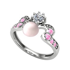 Ner İnci Yüzük - Pembe inci, swarovski ve pembe kuvars 18 ayar beyaz altın yüzük #99brob