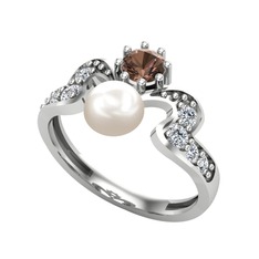 Ner İnci Yüzük - Inci, dumanlı kuvars ve swarovski 18 ayar beyaz altın yüzük #9p113y