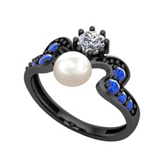 Ner İnci Yüzük - Inci, swarovski ve lab safir 925 ayar siyah rodyum kaplama gümüş yüzük #9vi8ly