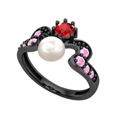 Ner İnci Yüzük - Inci, garnet ve pembe kuvars 925 ayar siyah rodyum kaplama gümüş yüzük #a6c9y5