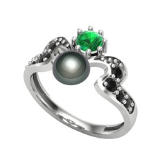 Siyah inci, yeşil kuvars ve siyah zirkon 14 ayar beyaz altın yüzük