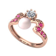 Ner İnci Yüzük - Pembe inci, swarovski ve rodolit garnet 18 ayar rose altın yüzük #araeci