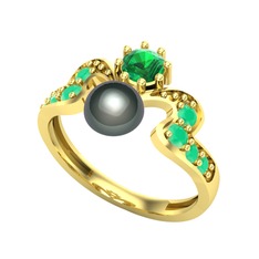 Ner İnci Yüzük - Siyah inci, yeşil kuvars ve kök zümrüt 8 ayar altın yüzük #b06et4