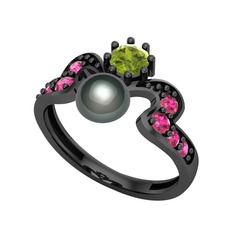 Ner İnci Yüzük - Siyah inci, peridot ve rodolit garnet 925 ayar siyah rodyum kaplama gümüş yüzük #b0q0jq