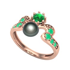 Ner İnci Yüzük - Siyah inci, yeşil kuvars ve kök zümrüt 18 ayar rose altın yüzük #bhzlfu