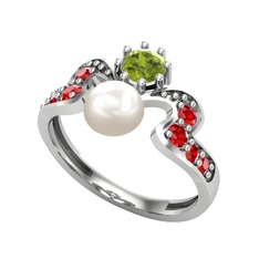 Inci, peridot ve garnet 14 ayar beyaz altın yüzük