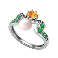 Ner İnci Yüzük - Pembe inci, sitrin ve yeşil kuvars 18 ayar beyaz altın yüzük #c0n09s
