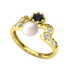 Pembe inci, siyah zirkon ve pırlanta 18 ayar altın yüzük (0.48 karat)