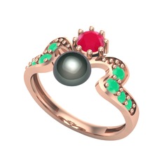 Ner İnci Yüzük - Siyah inci, kök yakut ve kök zümrüt 14 ayar rose altın yüzük #cflj2h