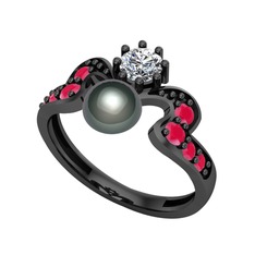 Ner İnci Yüzük - Siyah inci, swarovski ve kök yakut 925 ayar siyah rodyum kaplama gümüş yüzük #clcxrq