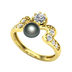 Ner İnci Yüzük - Siyah inci, swarovski ve pırlanta 925 ayar altın kaplama gümüş yüzük (0.48 karat) #cv3uco