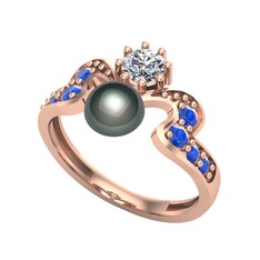 Ner İnci Yüzük - Siyah inci, swarovski ve lab safir 925 ayar rose altın kaplama gümüş yüzük #d33moh