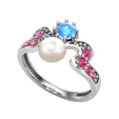 Inci, akuamarin ve rodolit garnet 14 ayar beyaz altın yüzük