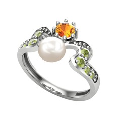 Inci, sitrin ve peridot 18 ayar beyaz altın yüzük