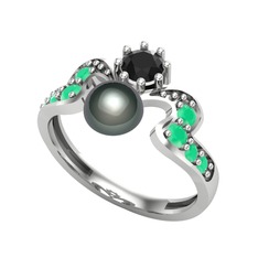 Siyah inci, siyah zirkon ve kök zümrüt 8 ayar beyaz altın yüzük