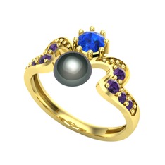 Ner İnci Yüzük - Siyah inci, lab safir ve ametist 14 ayar altın yüzük #d9xr1l