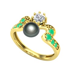 Ner İnci Yüzük - Siyah inci, pırlanta ve kök zümrüt 925 ayar altın kaplama gümüş yüzük (0.35 karat) #dajn6t