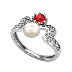 Inci, garnet ve swarovski 8 ayar beyaz altın yüzük