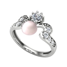 Pembe inci, beyaz zirkon ve pırlanta 14 ayar beyaz altın yüzük (0.48 karat)