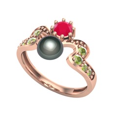 Siyah inci, kök yakut ve peridot 18 ayar rose altın yüzük
