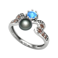 Siyah inci, akuamarin ve dumanlı kuvars 14 ayar beyaz altın yüzük
