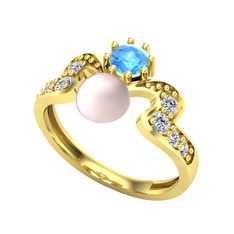 Ner İnci Yüzük - Pembe inci, akuamarin ve swarovski 925 ayar altın kaplama gümüş yüzük #doj1xd