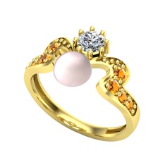 Ner İnci Yüzük - Pembe inci, beyaz zirkon ve sitrin 8 ayar altın yüzük #doua5j