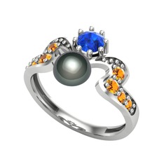 Ner İnci Yüzük - Siyah inci, lab safir ve sitrin 18 ayar beyaz altın yüzük #dva3cr