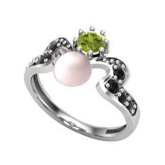 Pembe inci, peridot ve siyah zirkon 14 ayar beyaz altın yüzük