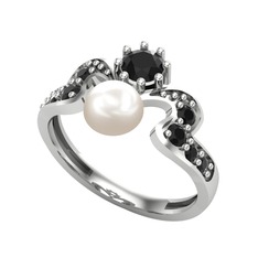Ner İnci Yüzük - Inci ve siyah zirkon 14 ayar beyaz altın yüzük #e3afga