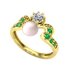 Ner İnci Yüzük - Pembe inci, beyaz zirkon ve yeşil kuvars 18 ayar altın yüzük #e3l9ja